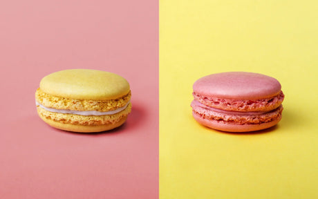 2 Macarons showing the same but different with pink and yellow backgrounds
