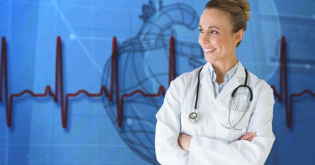 Female doctor standing with arms crossed with heart rate background