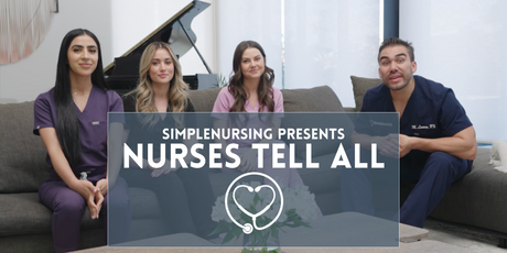 SimpleNursing Nurse Mike Linares talks to three females nurses about Group Interview on How to Be a Boss at Nursing
