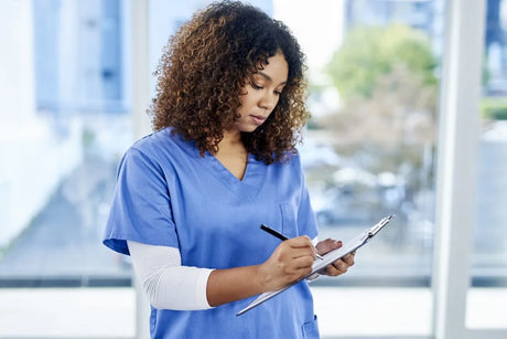 Attractive young female nurse writing notes on a clipboard at a hospital