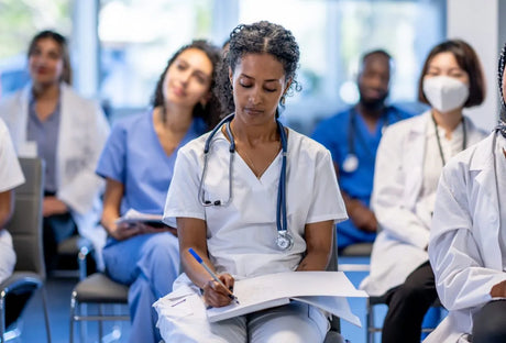 Nurses studying the fundamentals of nursing in nursing school class.