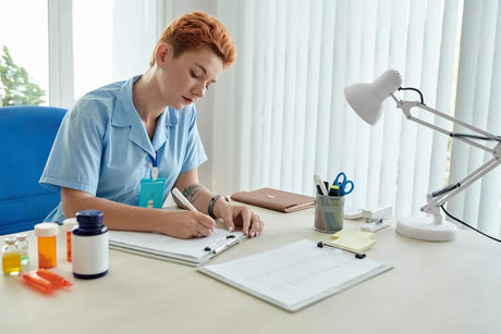 Nurse at desk using nursing drugs card to study pharmacology