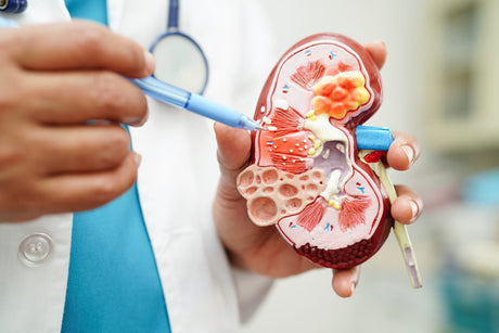Chronic kidney disease, doctor holding model for treatment urinary system, urology, Estimated glomerular filtration rate eGFR.