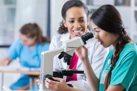 nursing students looking through microscope studying white blood cells